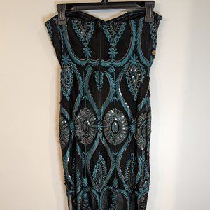 Fashion Nova- Black, Blue, and Gold Sleeveless Party Dress, Size Medium